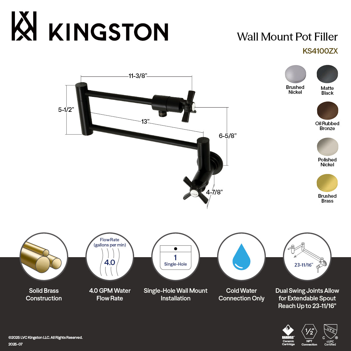 Kingston Brass KS4107ZX Millennium Wall Mount Pot Filler Faucet, Brushed Brass with swing arms and technical details.
