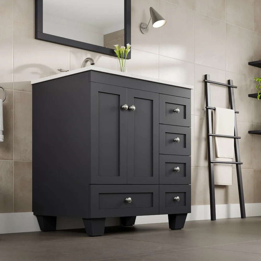 Lifestyle image of dark gray Eviva Acclaim 30" single sink vanity in traditional bathroom