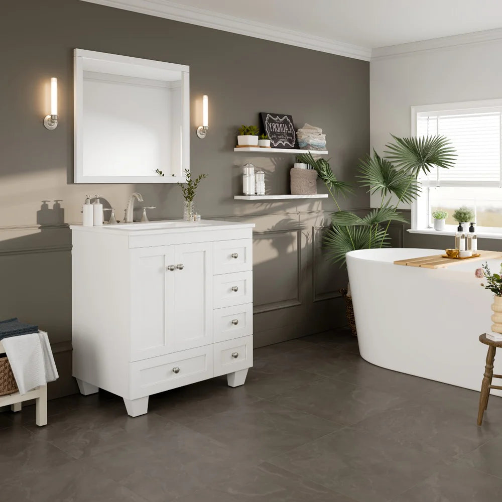 Eviva Acclaim 30" white single sink vanity with Carrera Quartz top in a bathroom setting