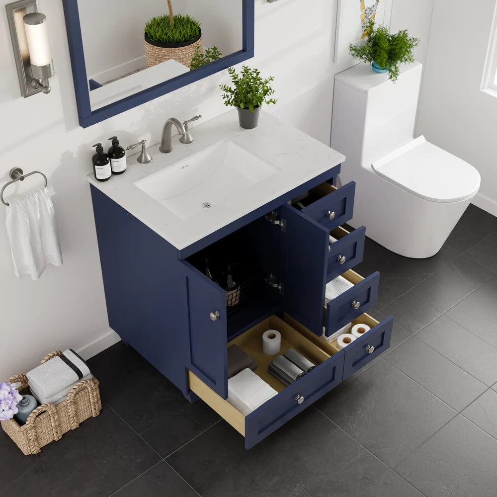 Top view of Eviva Acclaim 30" single sink bathroom vanity in blue with Carrara Quartz top showing  storage capacity
