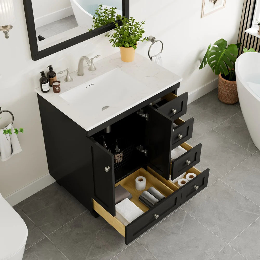Top view of Eviva Acclaim 30" single sink bathroom vanity in Espresso with Carrara Quartz top showing  storage capacity