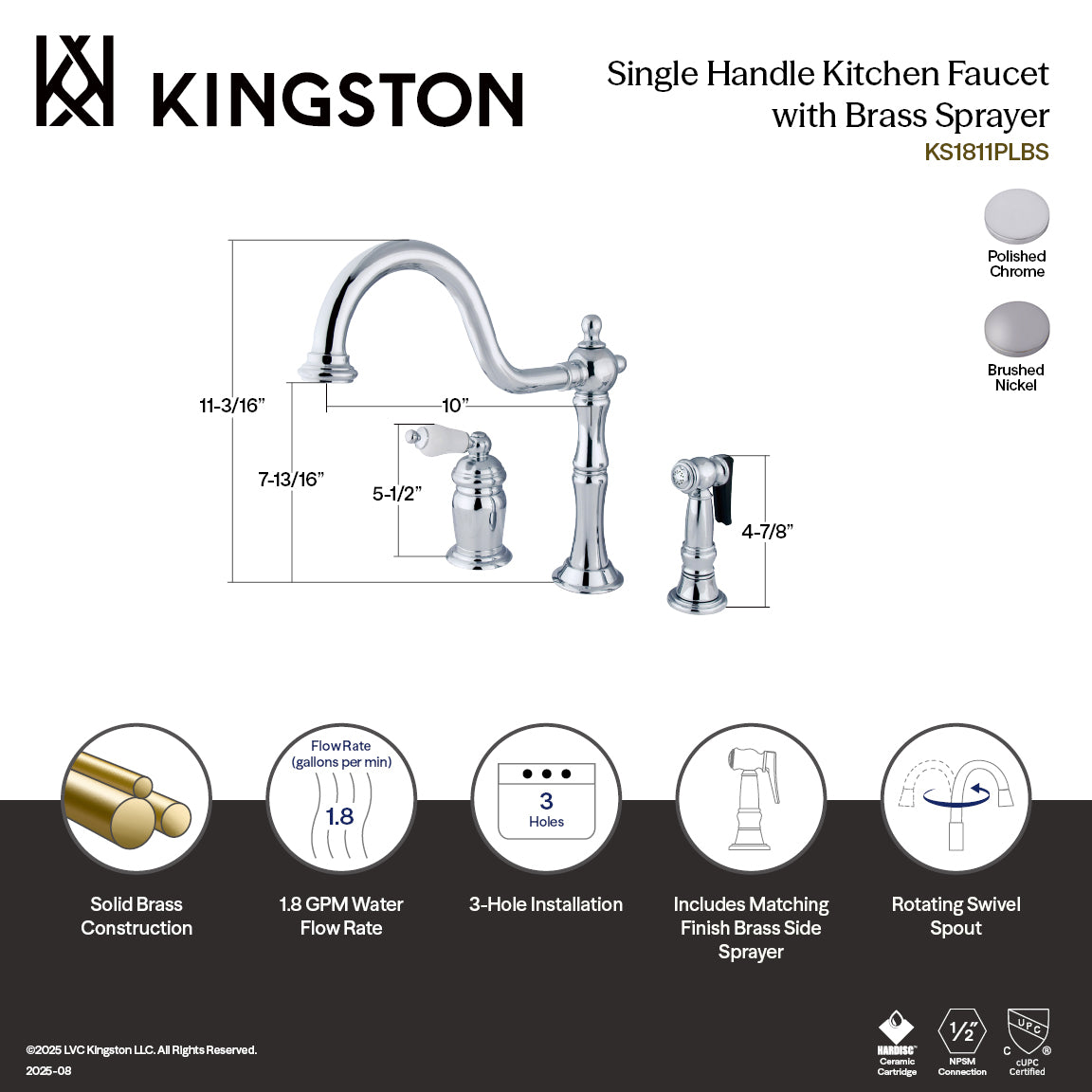 Kingston Brass KS1818PLBS Heritage Single-Handle Widespread Kitchen Faucet with Brass Sprayer, Brushed Nickel