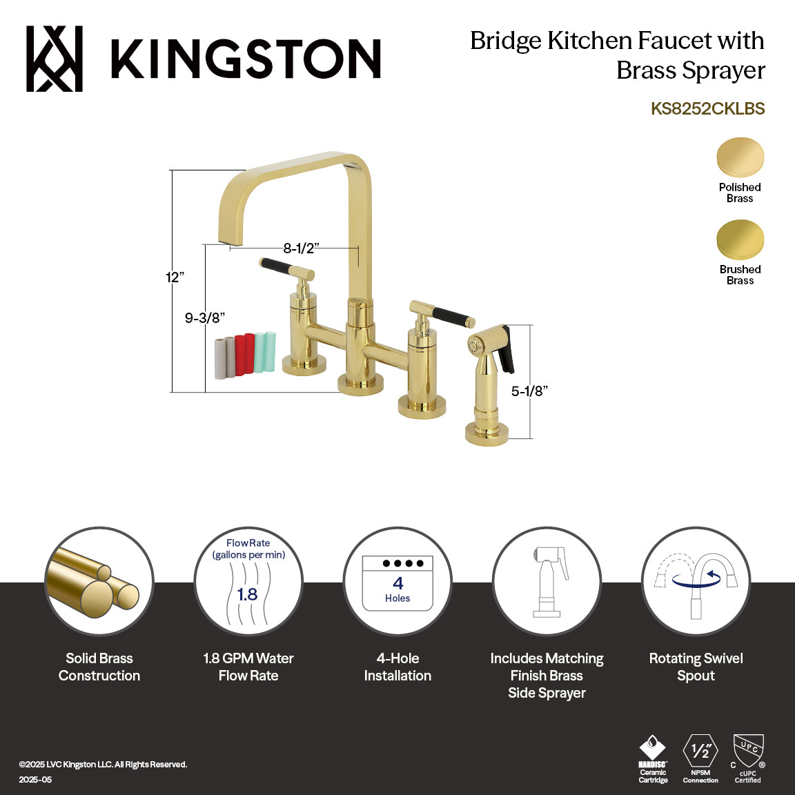 Kingston KS8257CKLBS Kaiser Bridge Kitchen Faucet with Brass Sprayer, Brushed Brass design features solid brass construction.