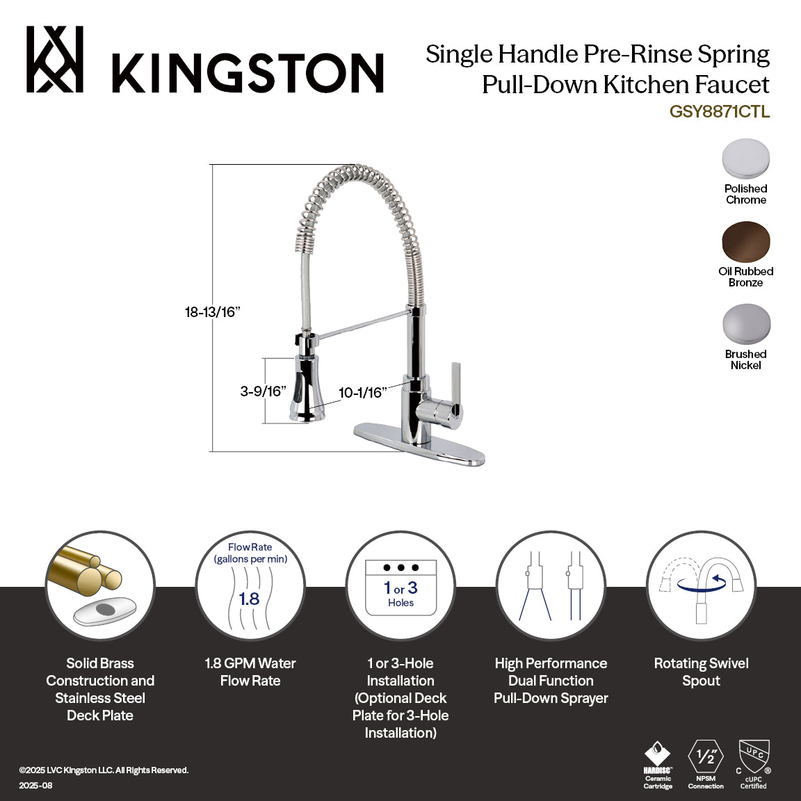 Gourmetier GSY8878CTL Continental Single-Handle Deck-Mount Pre-Rinse Kitchen Faucet, Brushed Nickel diagram with specifications.