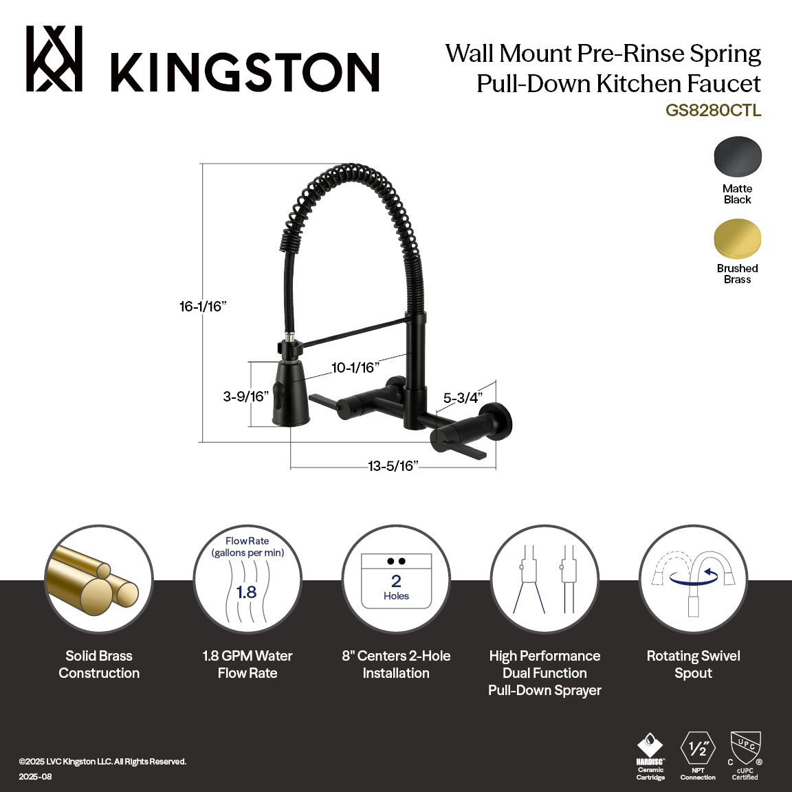 Kingston Brass GS8287CTL Continental Double-Handle Wall-Mount Pre-Rinse Bridge Kitchen Faucet, Brushed Brass with detailed dimensions