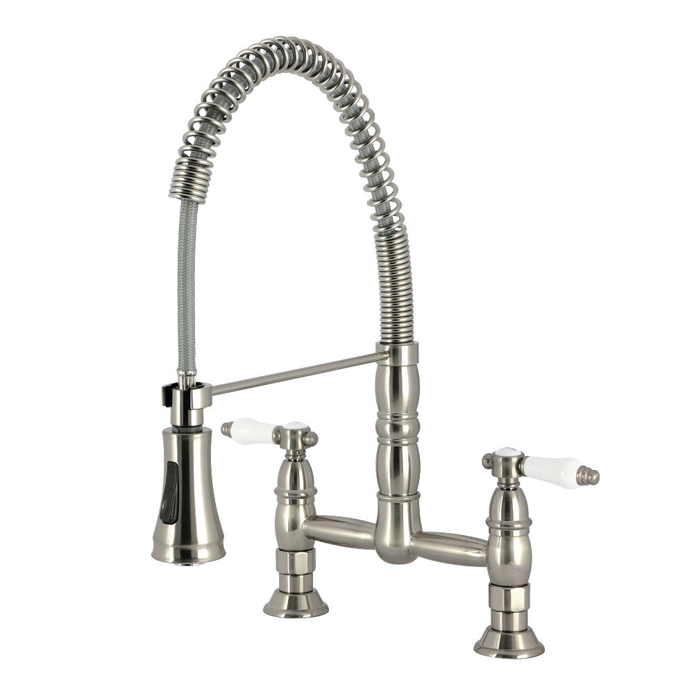 Kingston Brass GS1273BPL Bel-Air Double-Handle Deck-Mount Pre-Rinse Bridge Kitchen Faucet, Antique Brass in Brushed Nickel finish.