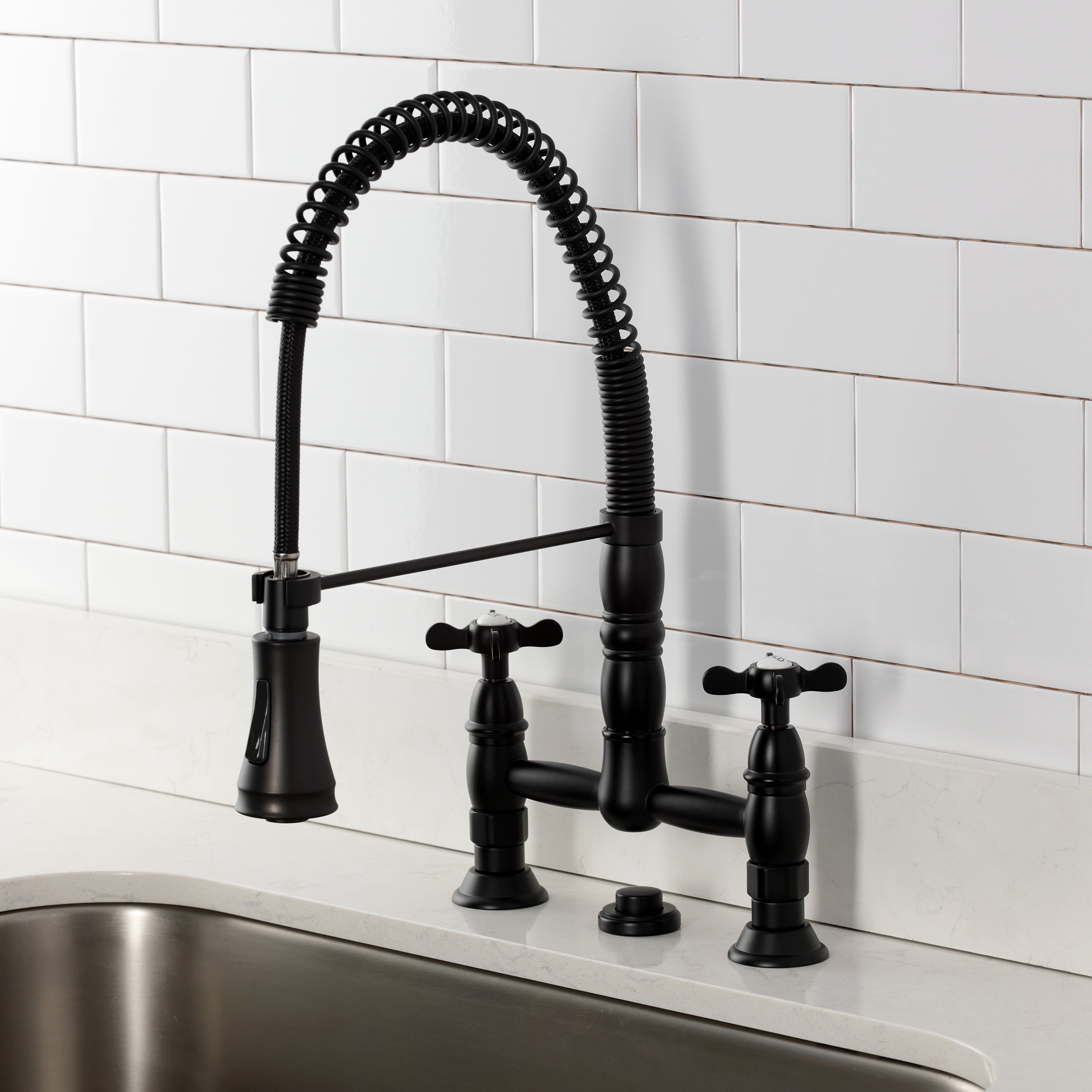 Kingston Brass GS1273BEX Essex Double-Handle Deck-Mount Pre-Rinse Bridge Kitchen Faucet, Antique Brass in black finish