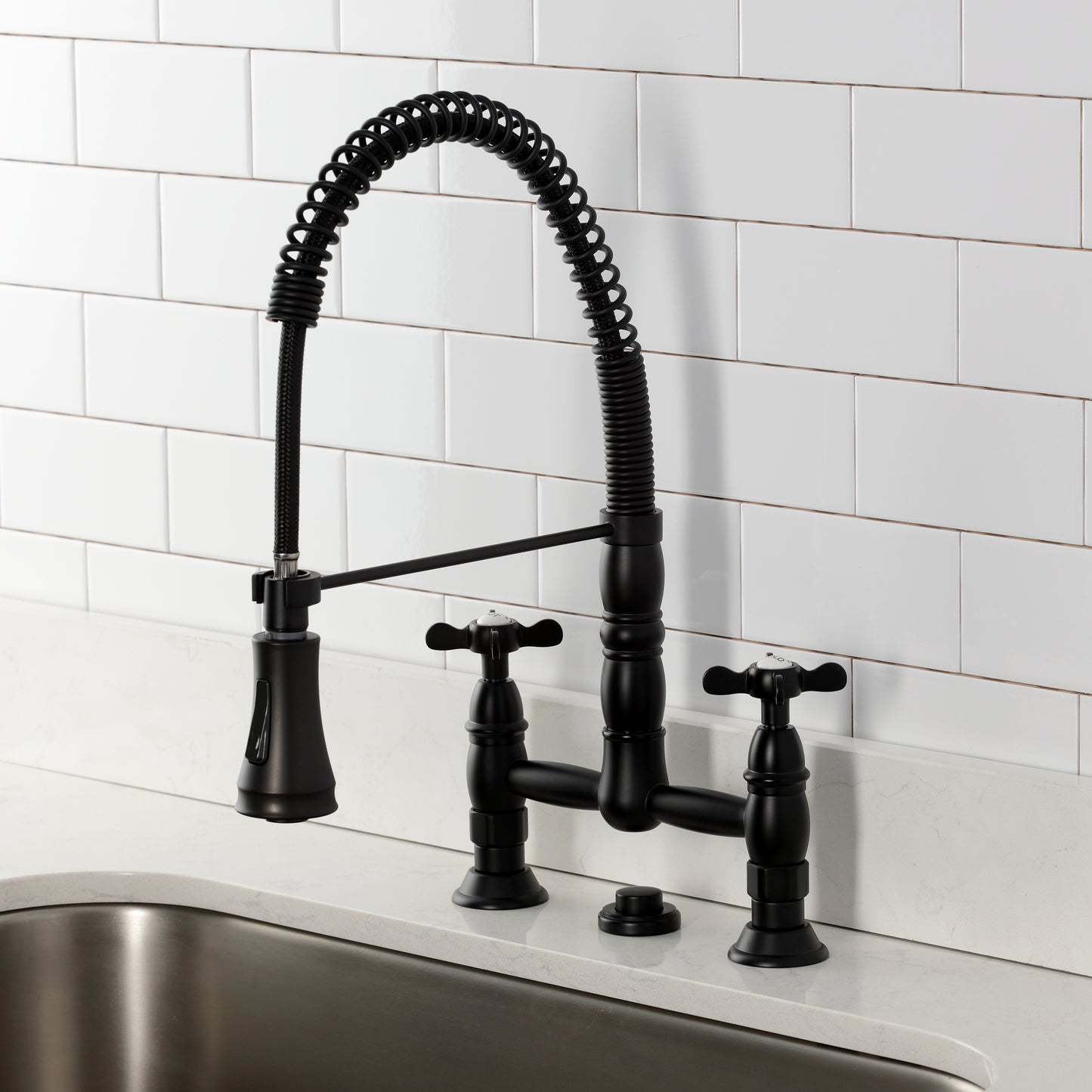 Kingston Brass GS1273BEX Essex Double-Handle Deck-Mount Pre-Rinse Bridge Kitchen Faucet, Antique Brass in black finish