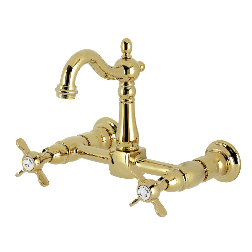 Kingston KS2443BEX Essex Two-Handle Wall Mount Bridge Kitchen Faucet, Antique Brass, showcasing a polished brass finish.
