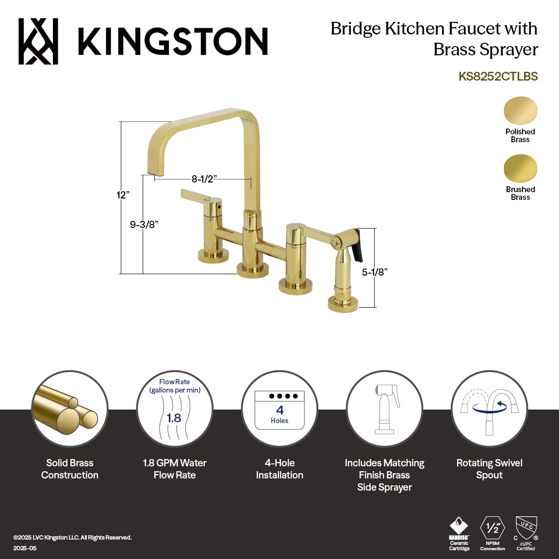 Kingston KS8257CTLBS Continental Bridge Kitchen Faucet with Brass Sprayer, Brushed Brass