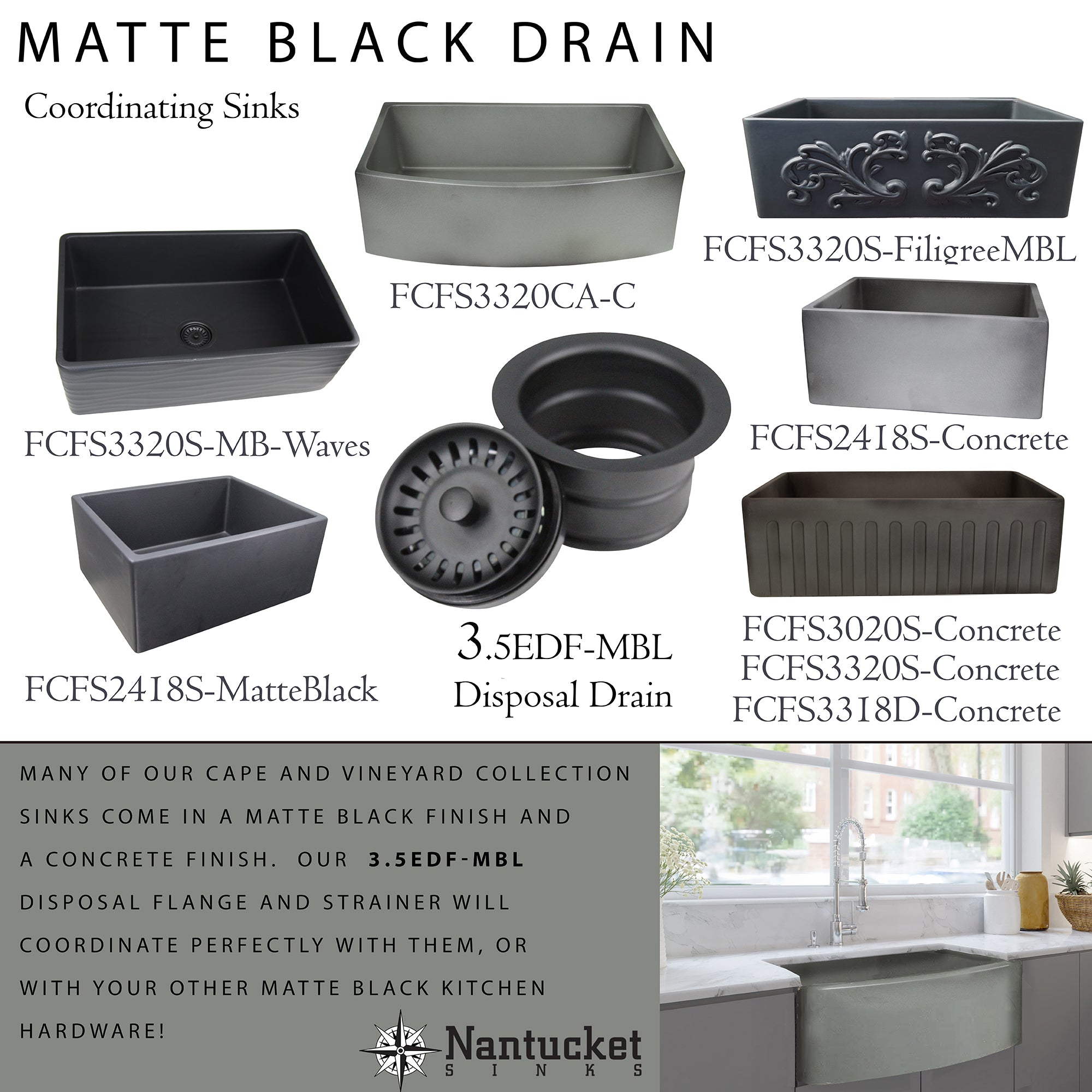 Nantucket matte black extended flange drain shown in fireclay sinks