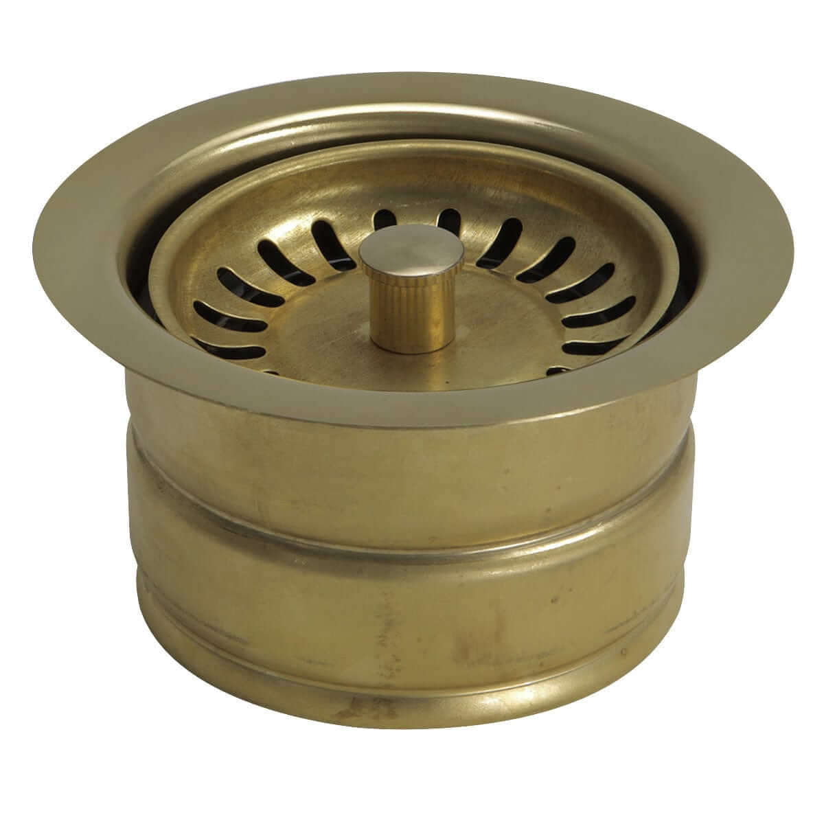 Nantucket Sink 3.5" Extended Flange Disposal Kitchen Drain in Brass - 3.5EDF-PB featuring a spring-loaded center post.