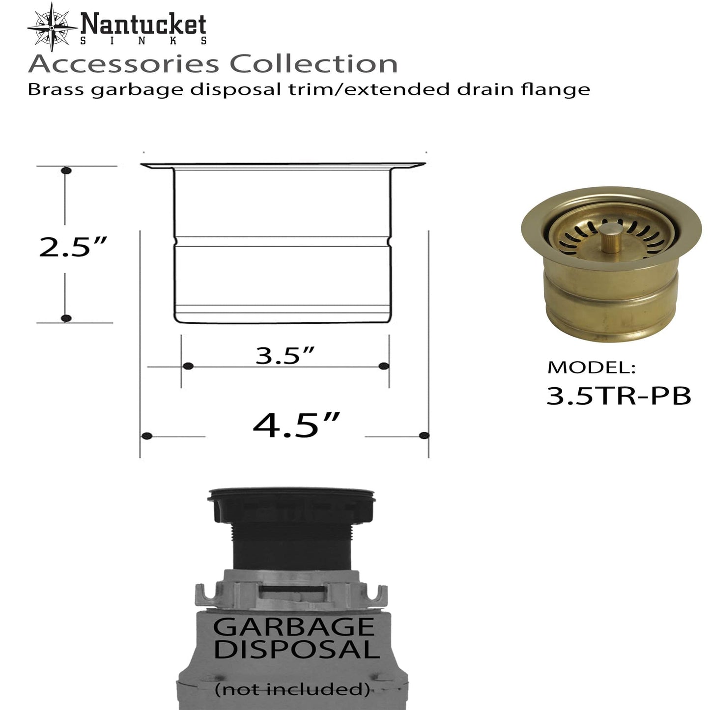 Nantucket Sink 3.5" Extended Flange Disposal Kitchen Drain in Brass - 3.5EDF-PB dimensions and model details.