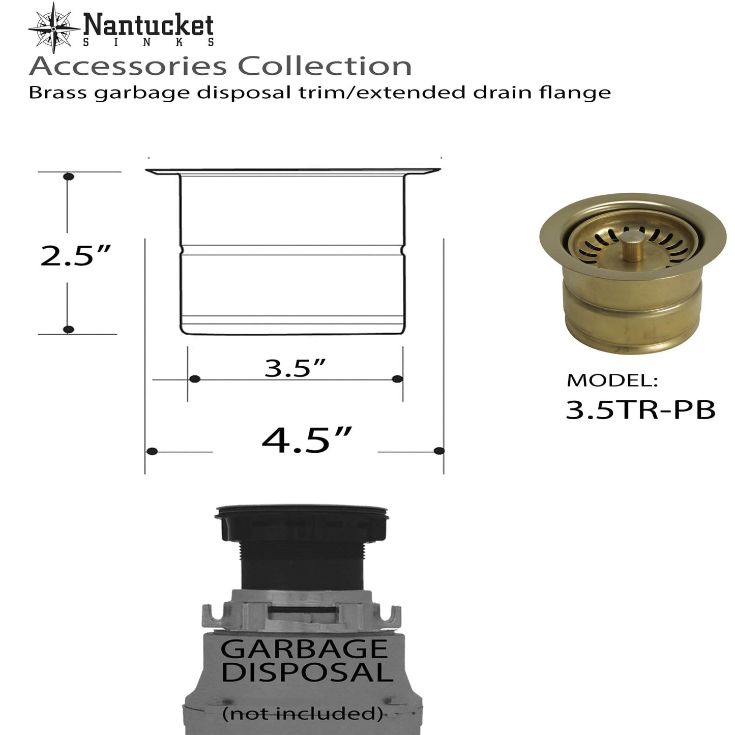 Nantucket Sink 3.5 Inch Extended Flange Disposal Kitchen Drain Brass