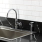 Kingston Brass KSD2433RNX Ostro Single-Handle Kitchen Faucet, Antique Brass on a modern kitchen sink.