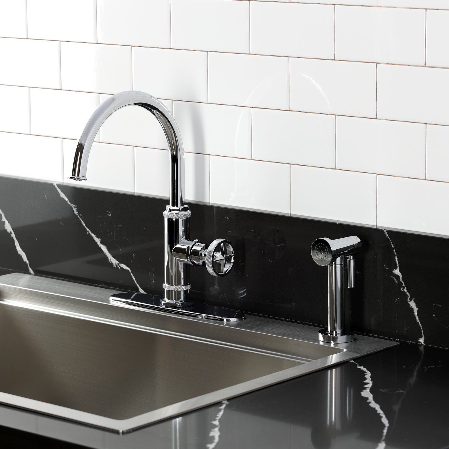 Kingston Brass KSD2433RNX Ostro Single-Handle Kitchen Faucet, Antique Brass on a modern kitchen sink.
