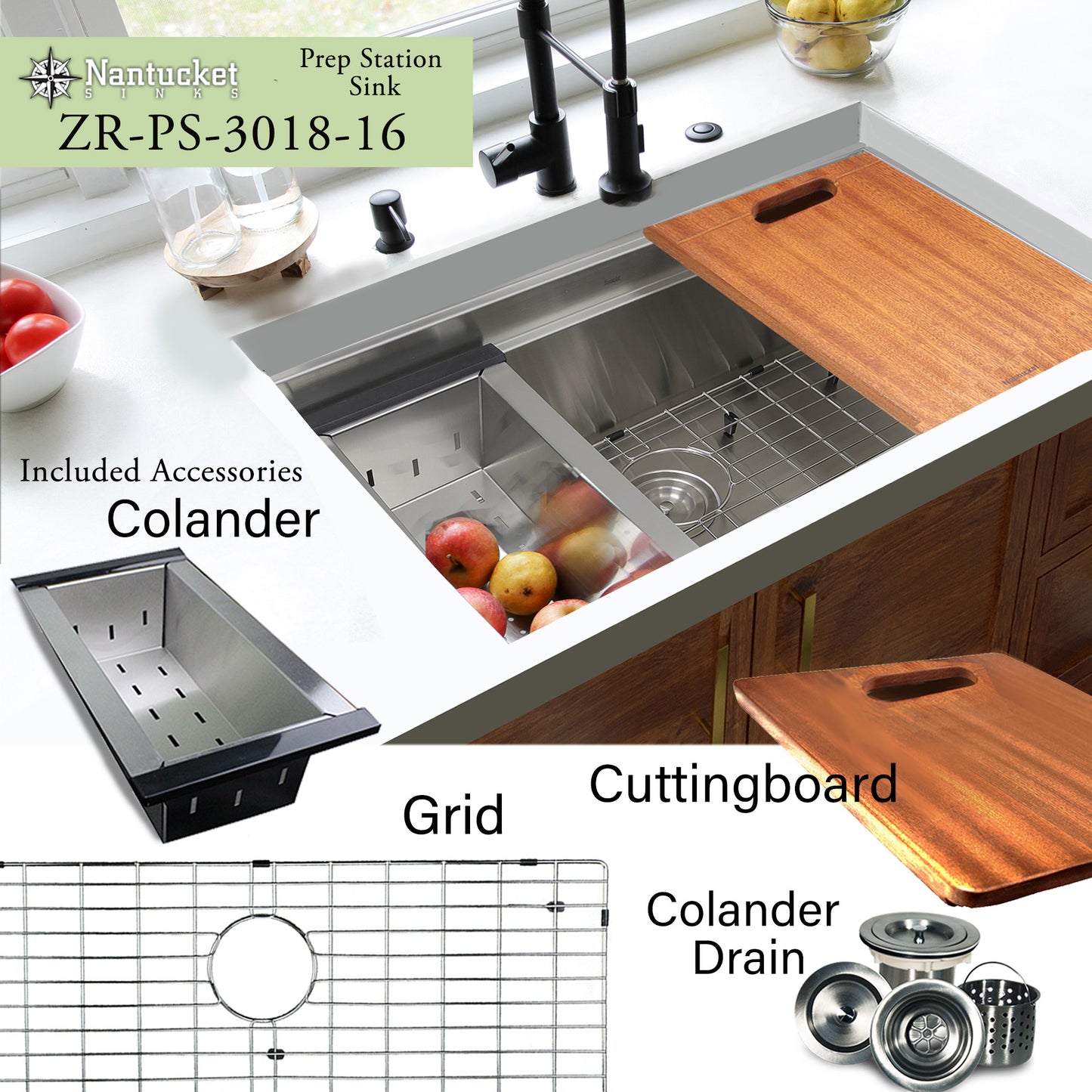 Nantucket 30" Pro Series Prep Station Kitchen Sink SR-PS-3018-16