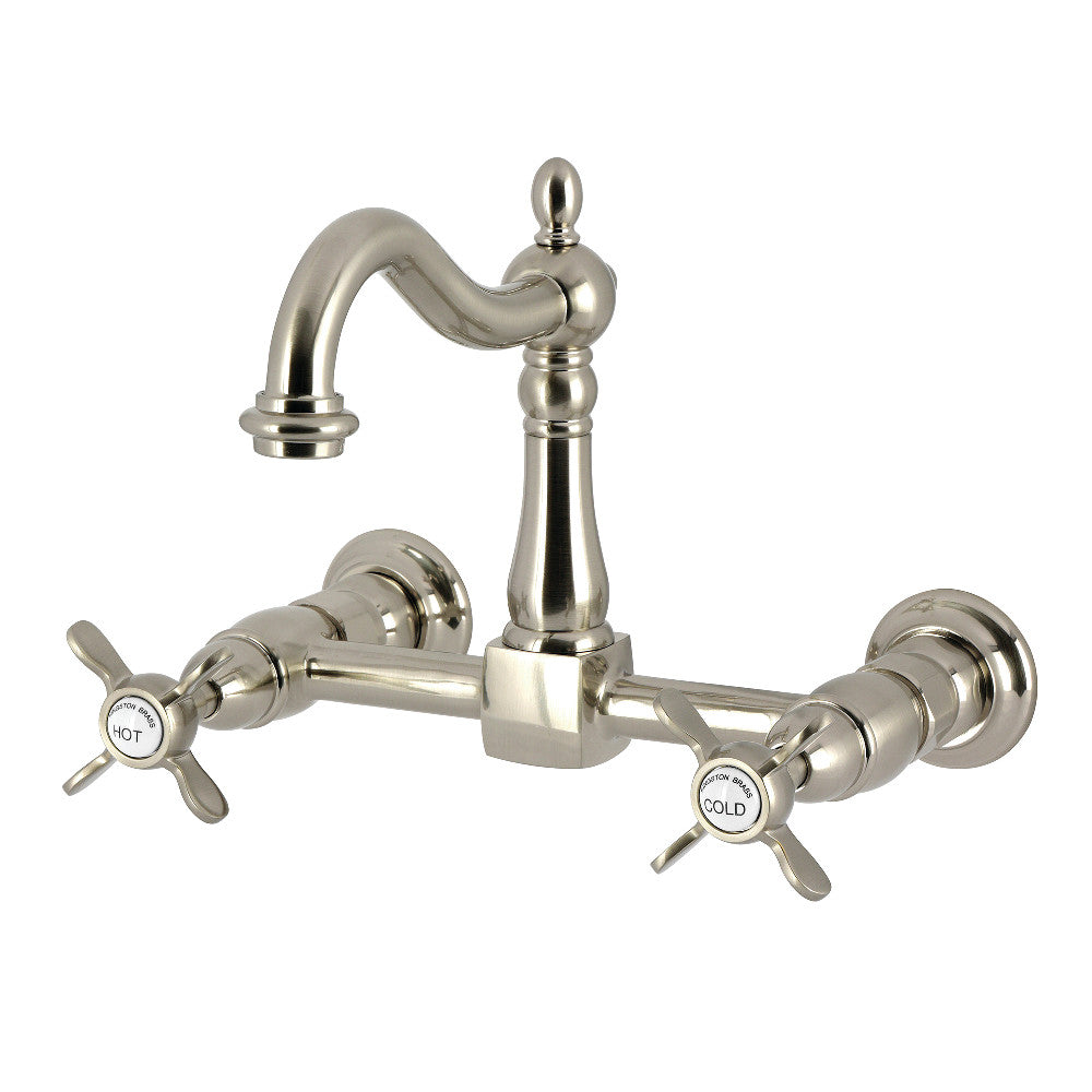 Kingston KS1263BEX Essex Two-Handle Wall Mount Bridge Kitchen Faucet, Antique Brass in brushed nickel finish
