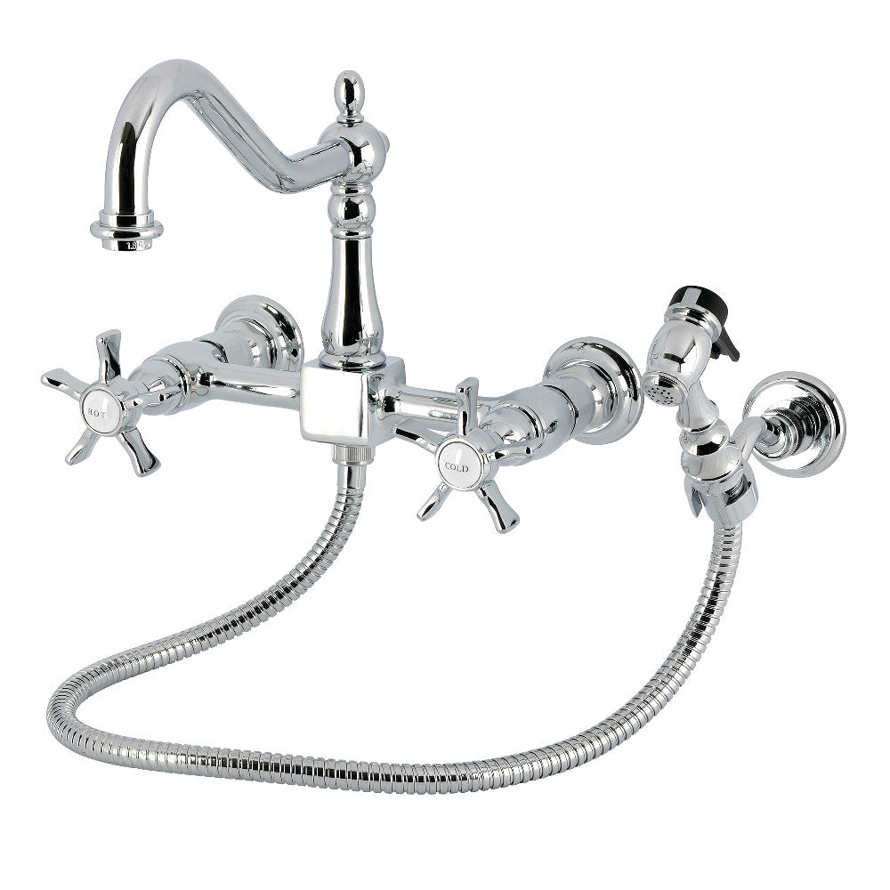 Kingston KS1243NXBS Hamilton Two-Handle Wall Mount Bridge Kitchen Faucet with Brass Sprayer, Antique Brass in Polished Chrome finish.