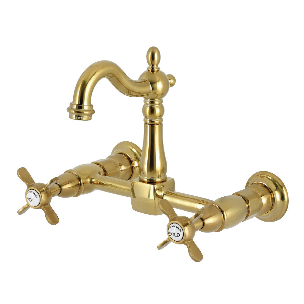 Kingston KS2443BEX Essex Two-Handle Wall Mount Bridge Kitchen Faucet, Antique Brass with brushed brass finish.