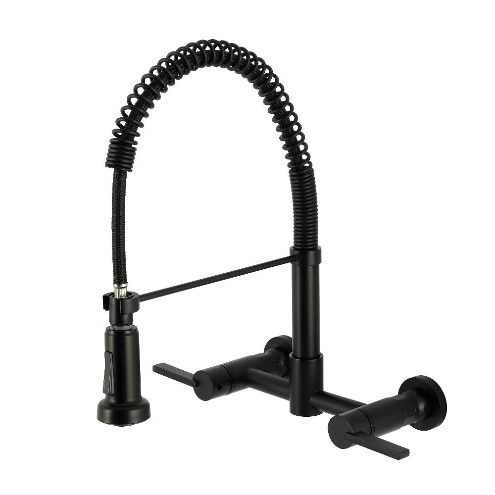 Kingston Brass GS8187CTL Continental Double-Handle Wall-Mount Pre-Rinse Bridge Kitchen Faucet, Brushed Brass in Matte Black finish