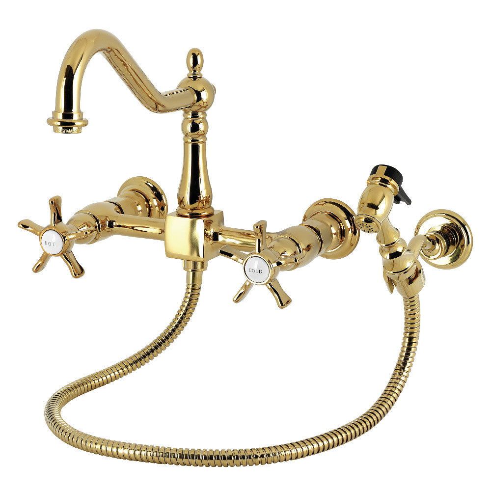 Kingston KS1243NXBS Hamilton Two-Handle Wall Mount Bridge Kitchen Faucet with Brass Sprayer, Antique Brass