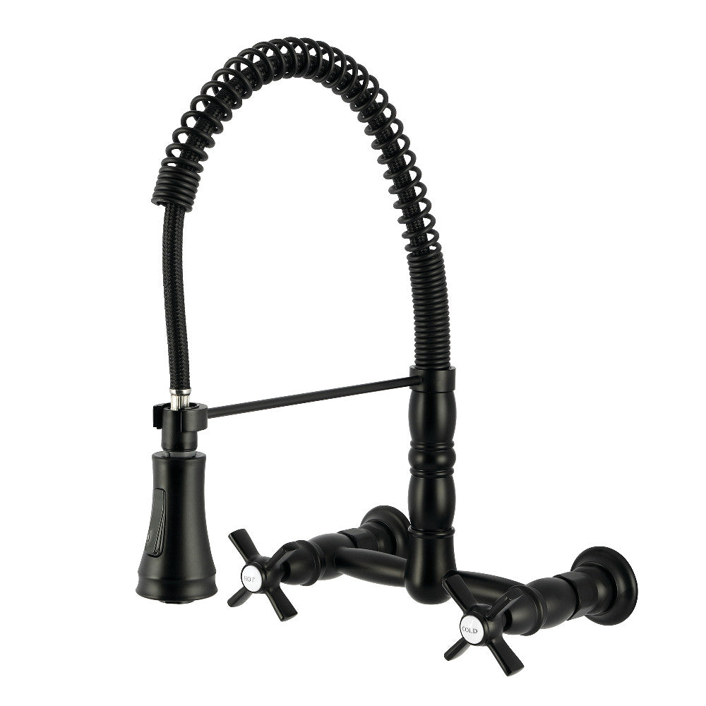 Kingston Brass GS1243ZX Millennium Double-Handle Wall-Mount Pre-Rinse Bridge Kitchen Faucet, Antique Brass in Matte Black finish.