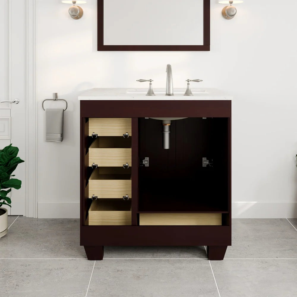 Back view of 30" Eviva Acclaim  single sink vanity in Teak, showing ease of plumbing access