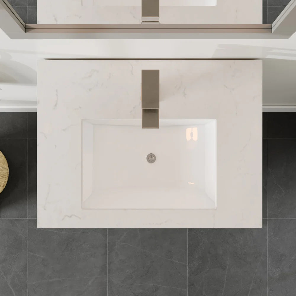 Top down view of Eviva Acclaim 24" single vanity with Carrara Quartz top