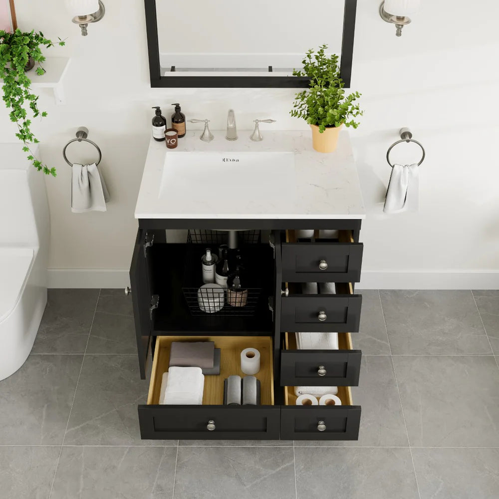 Front view of Eviva Acclaim 30" single sink bathroom vanity in Espresso with Carrara Quartz top showing  storage capacity