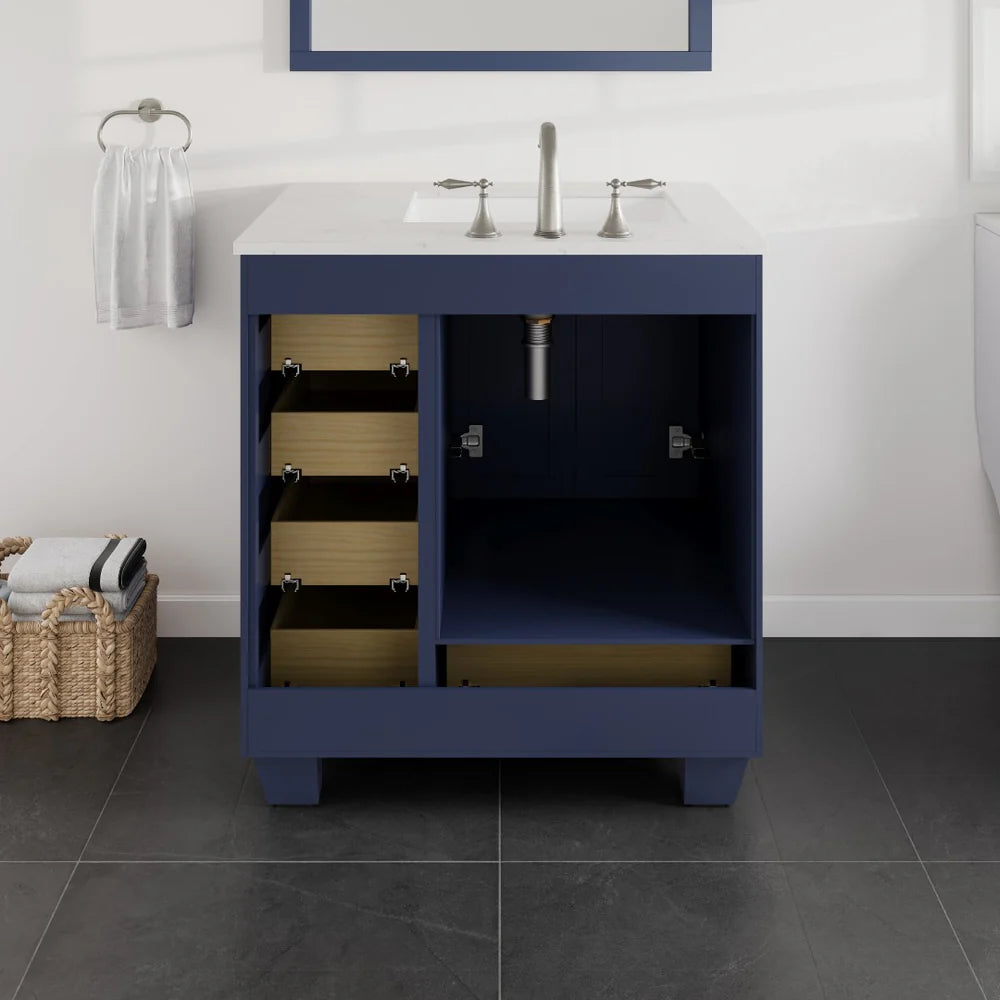Back view of 30" Eviva Acclaim  single sink vanity in blue, showing ease of plumbing access