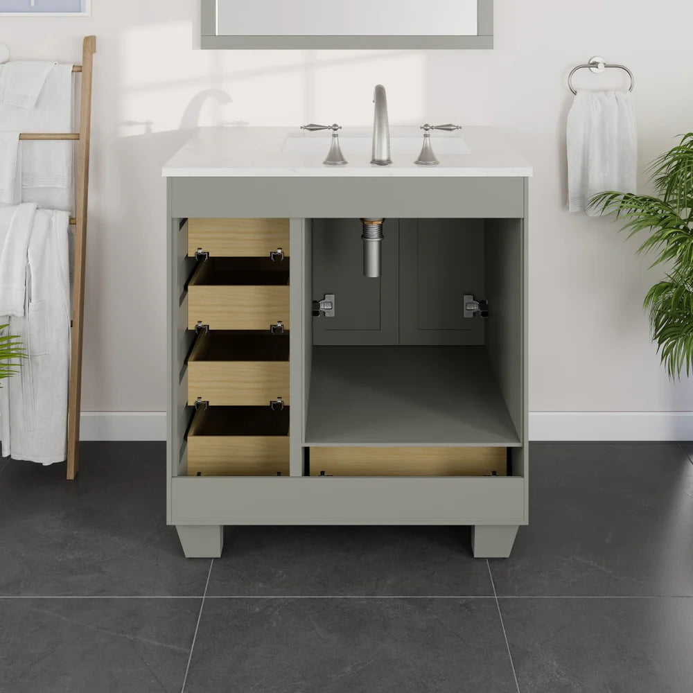 Back view of 30" Eviva Acclaim  single sink vanity in gray showing ease of plumbing access