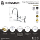 Kingston Brass KSD2433RNK Levante Single-Handle Kitchen Faucet, Antique Brass with brass sprayer and measurements.