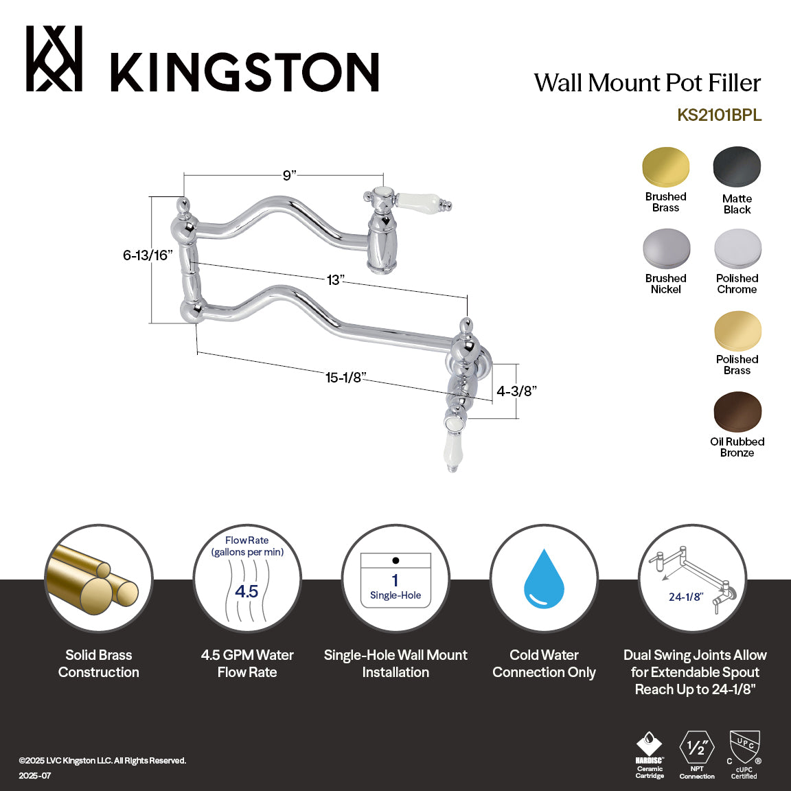 Kingston Brass KS2107BPL Bel-Air Wall Mount Pot Filler Faucet, Brushed Brass with white porcelain levers and swing arms.