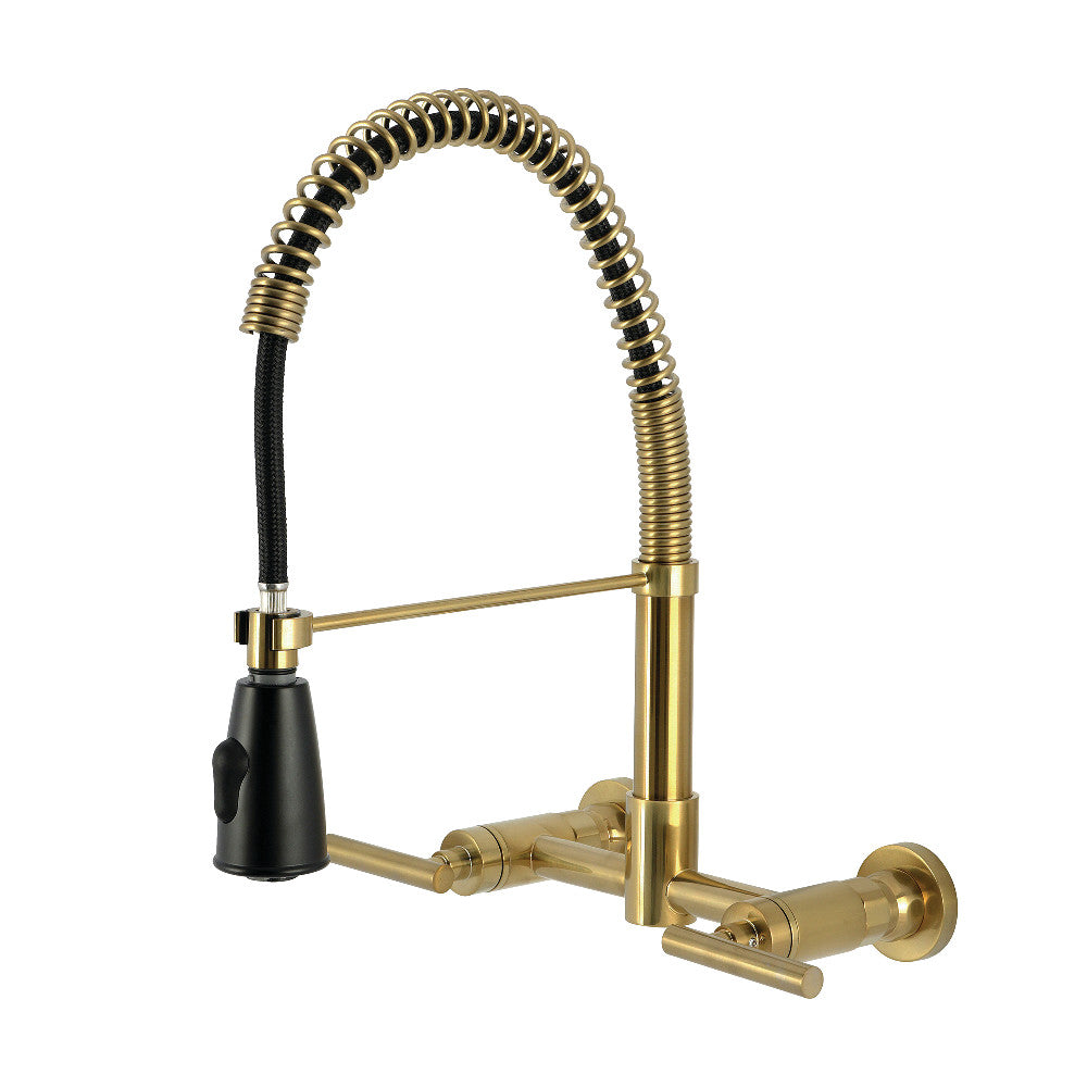 Kingston Brass GS8287CML Manhattan Double-Handle Wall-Mount Pre-Rinse Bridge Kitchen Faucet, Brushed Brass with swivel spout and spring design.