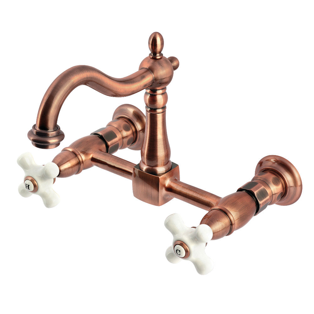 Kingston KS1263PX Heritage Two-Handle Wall Mount Bridge Kitchen Faucet, Antique Brass