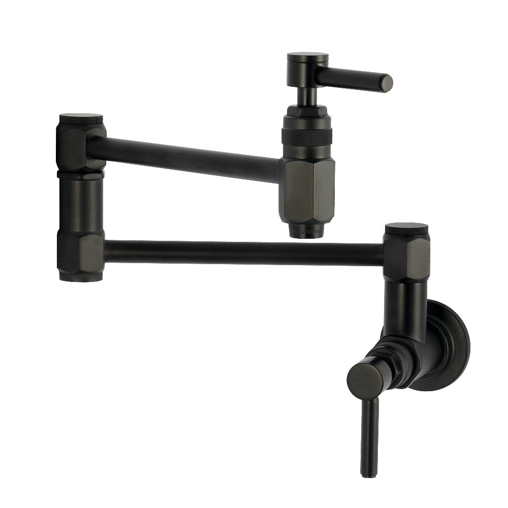 Kingston Brass KS5103DL Concord Wall Mount Pot Filler Faucet, Antique Brass with matte black finish.