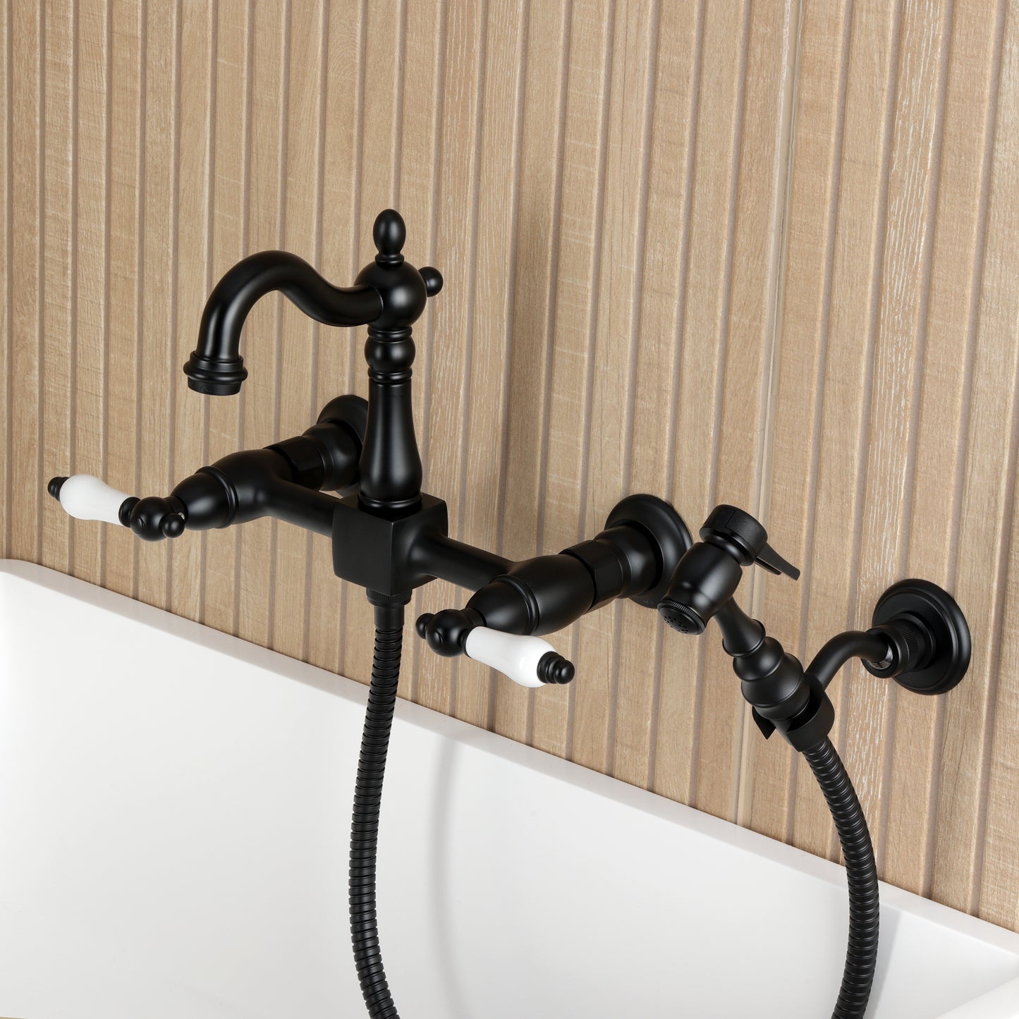 Kingston KS2443PLBS Heritage Two-Handle Wall Mount Bridge Kitchen Faucet with Brass Sprayer, Antique Brass