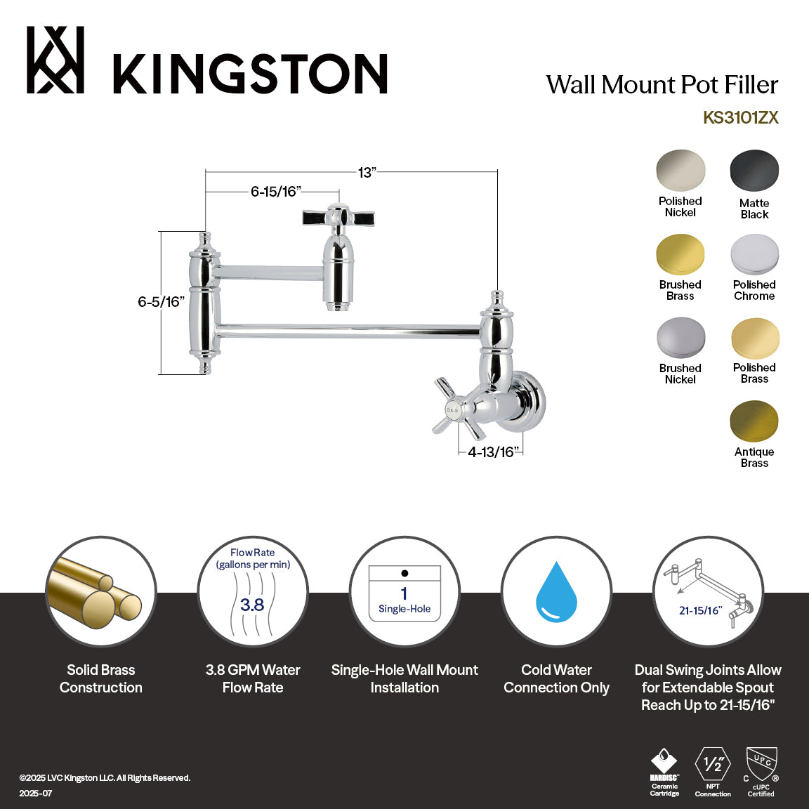Kingston Brass KS3103ZX Millennium Wall Mount Pot Filler Faucet, Antique Brass with solid brass construction and dual swing joints.