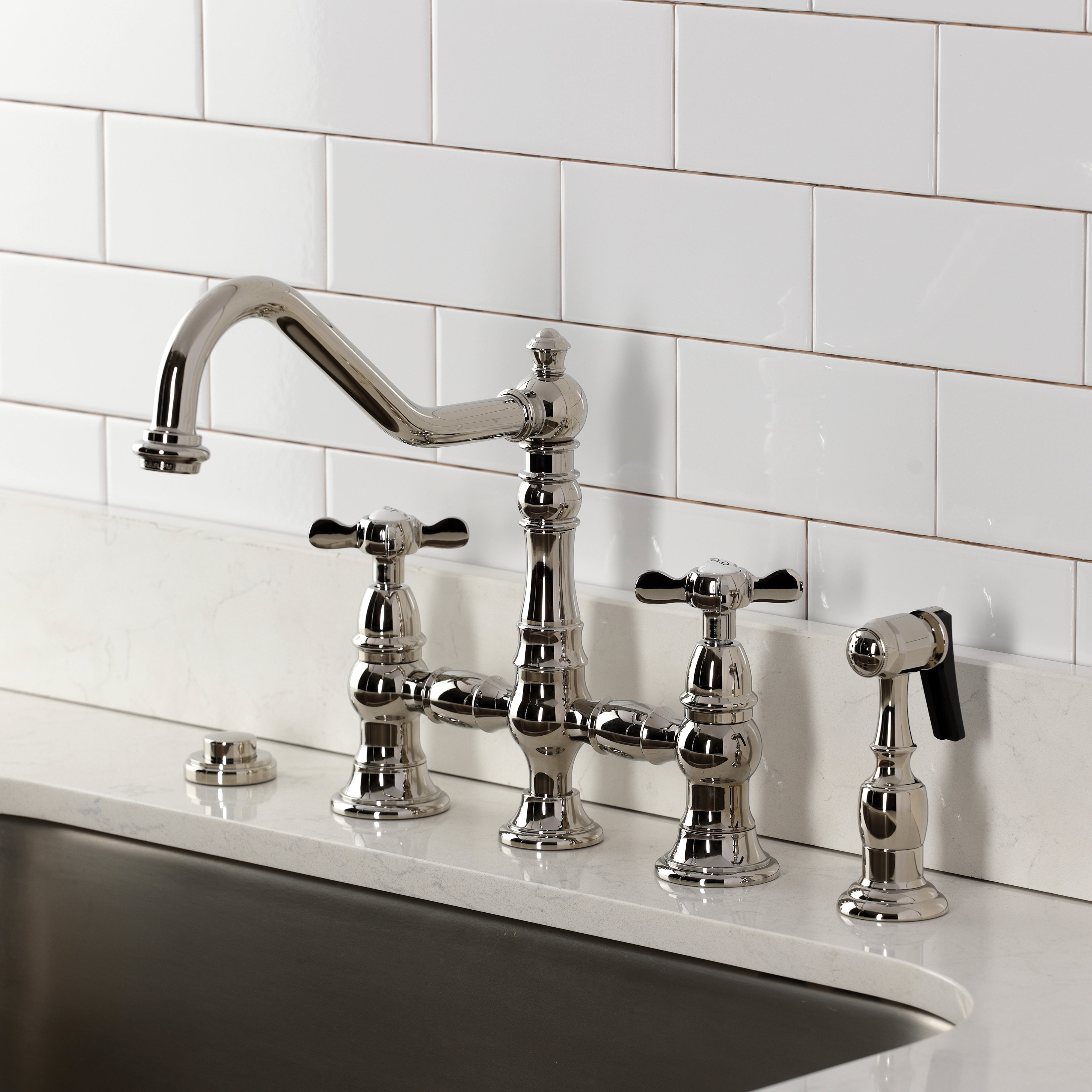 Kingston KS3277BEXBS Essex Bridge Kitchen Faucet with Brass Sprayer, Brushed Brass