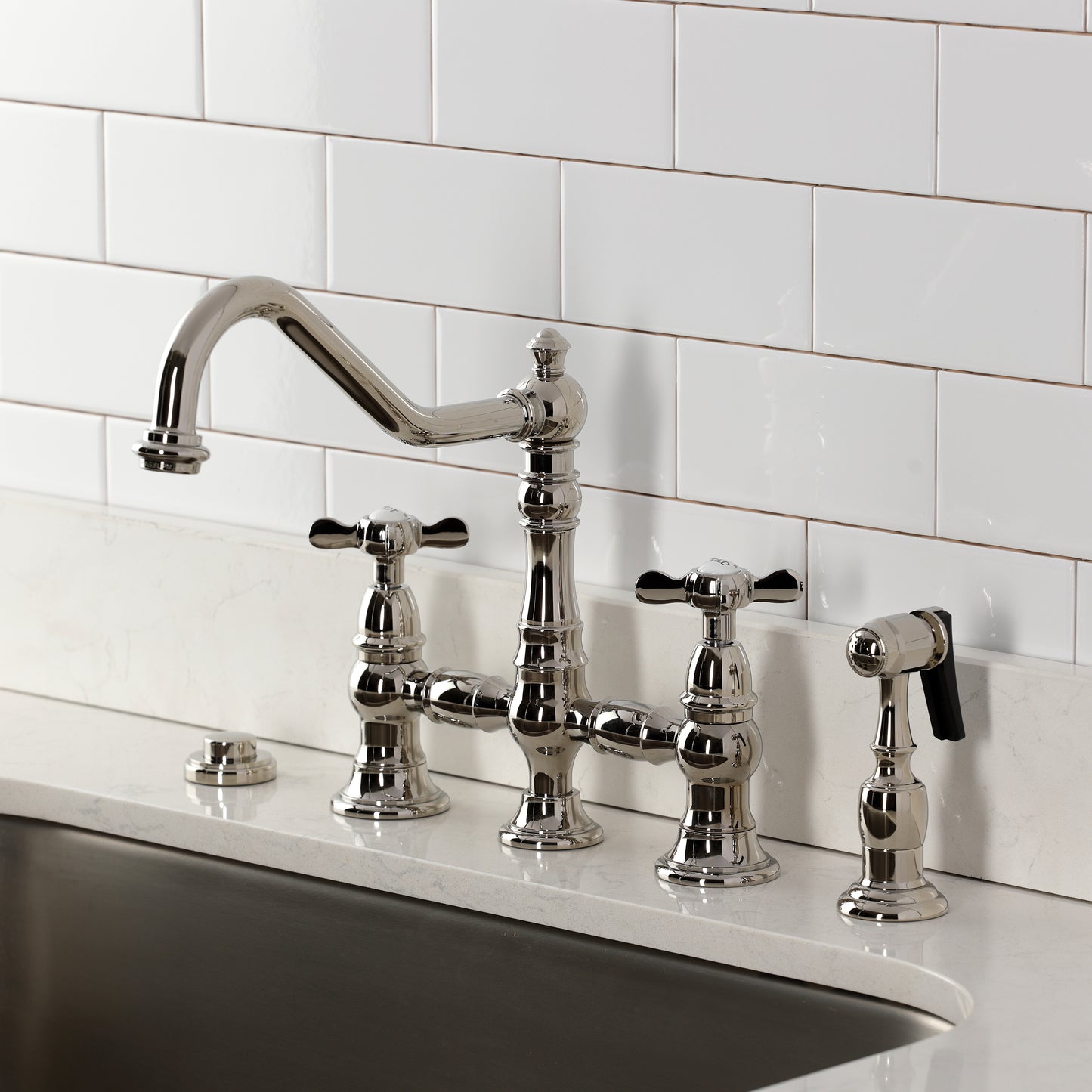 Kingston KS3277BEXBS Essex Bridge Kitchen Faucet with Brass Sprayer, Brushed Brass