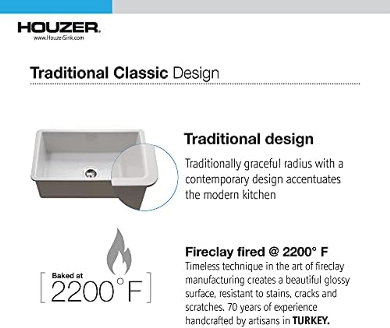 Advertisement for Houzer sink with text about traditional design and fireclay firing process.