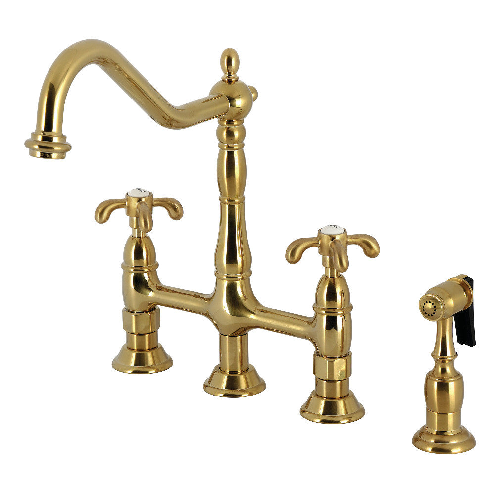 Kingston KS1277TXBS French Country Bridge Kitchen Faucet with Brass Sprayer, Brushed Brass
