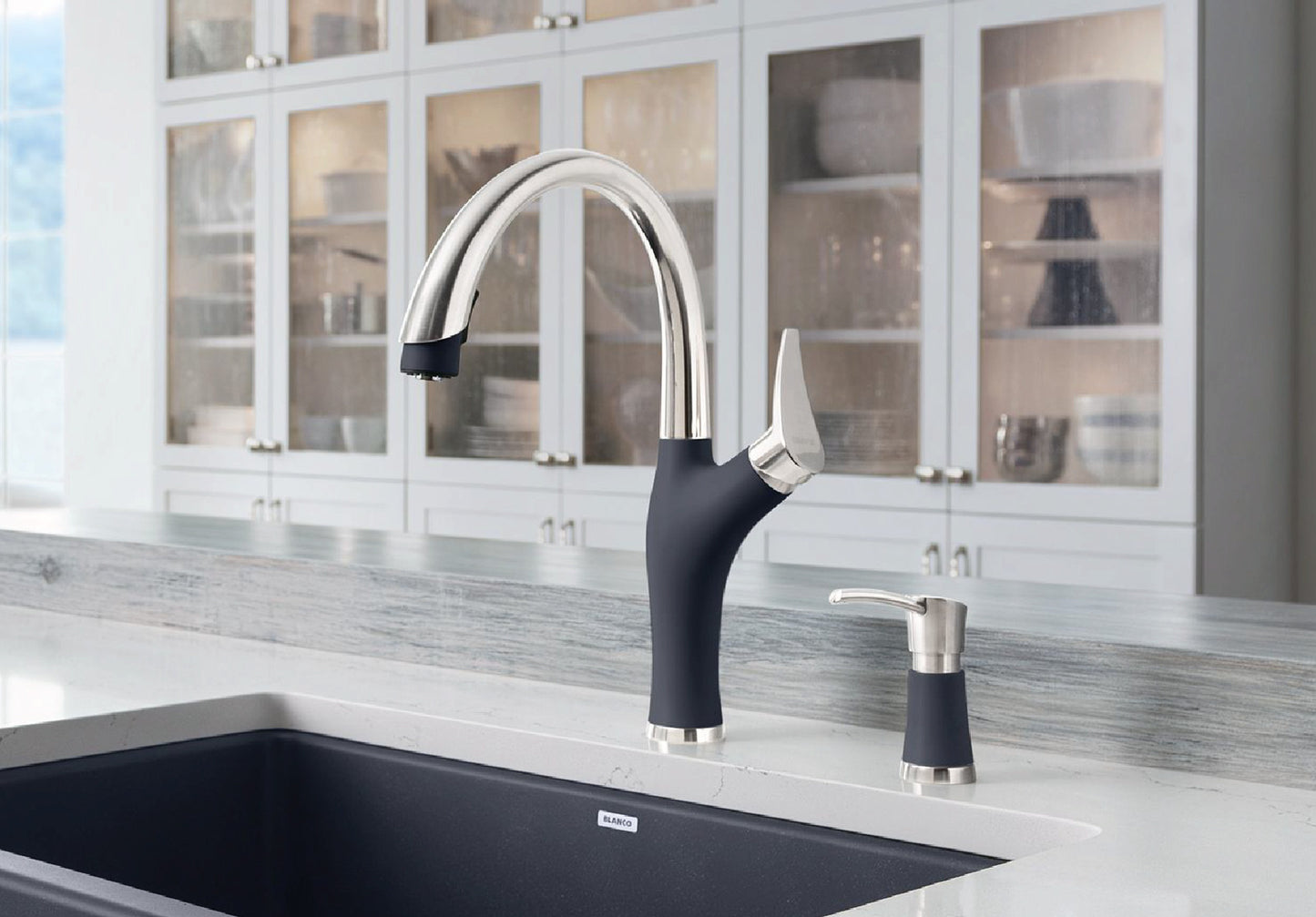 BLANCO Artona Pull-Down Dual-Spray Kitchen Faucet in modern kitchen setting with sleek design and integrated soap dispenser.