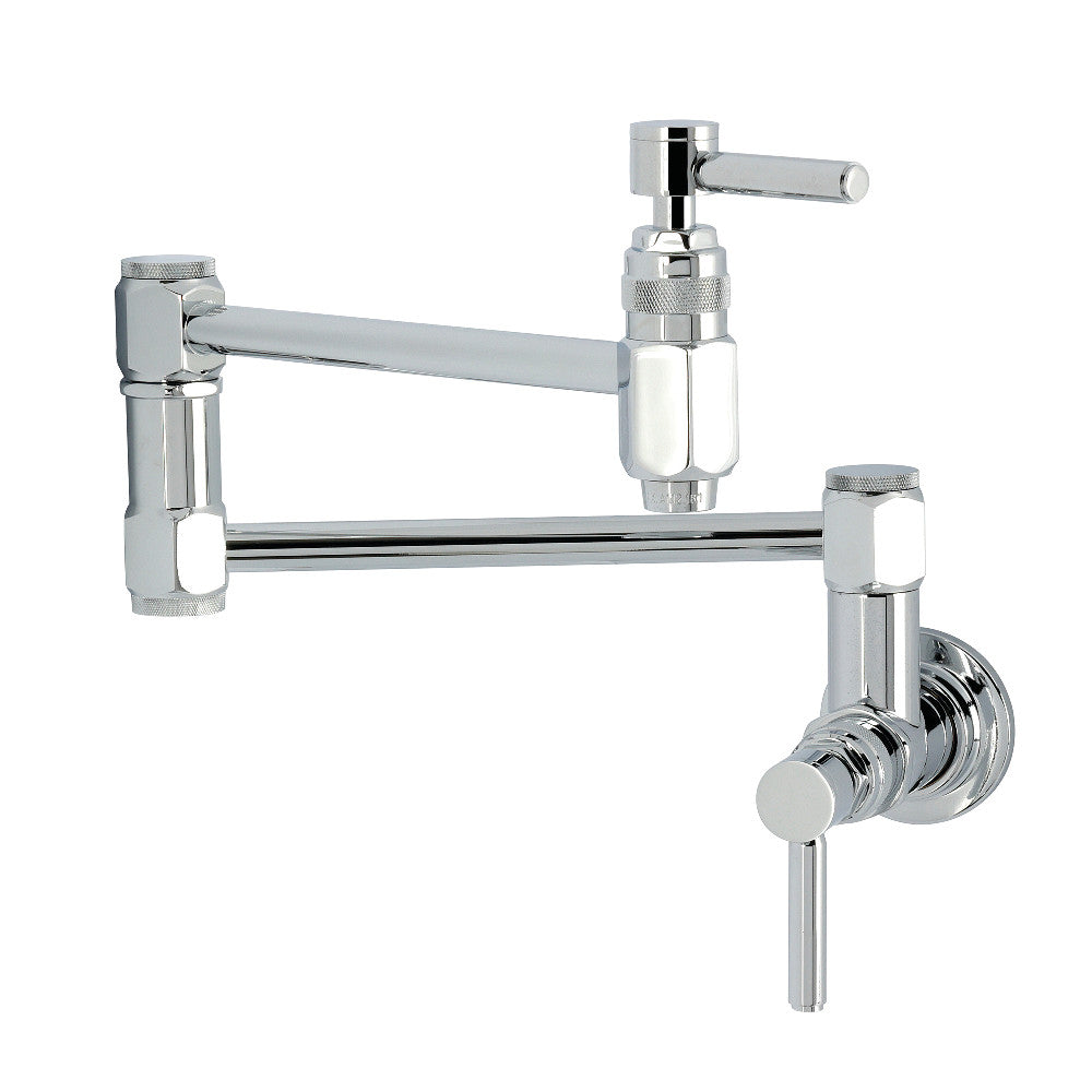 Kingston Brass KS5103DL Concord Wall Mount Pot Filler Faucet, Antique Brass in polished chrome finish features dual lever handles.