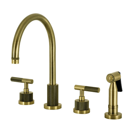Kingston Brass KS8723KNLBS Convergent Double-Handle Widespread Kitchen Faucet with Knurled Handle and Brass Sprayer, Antique Brass