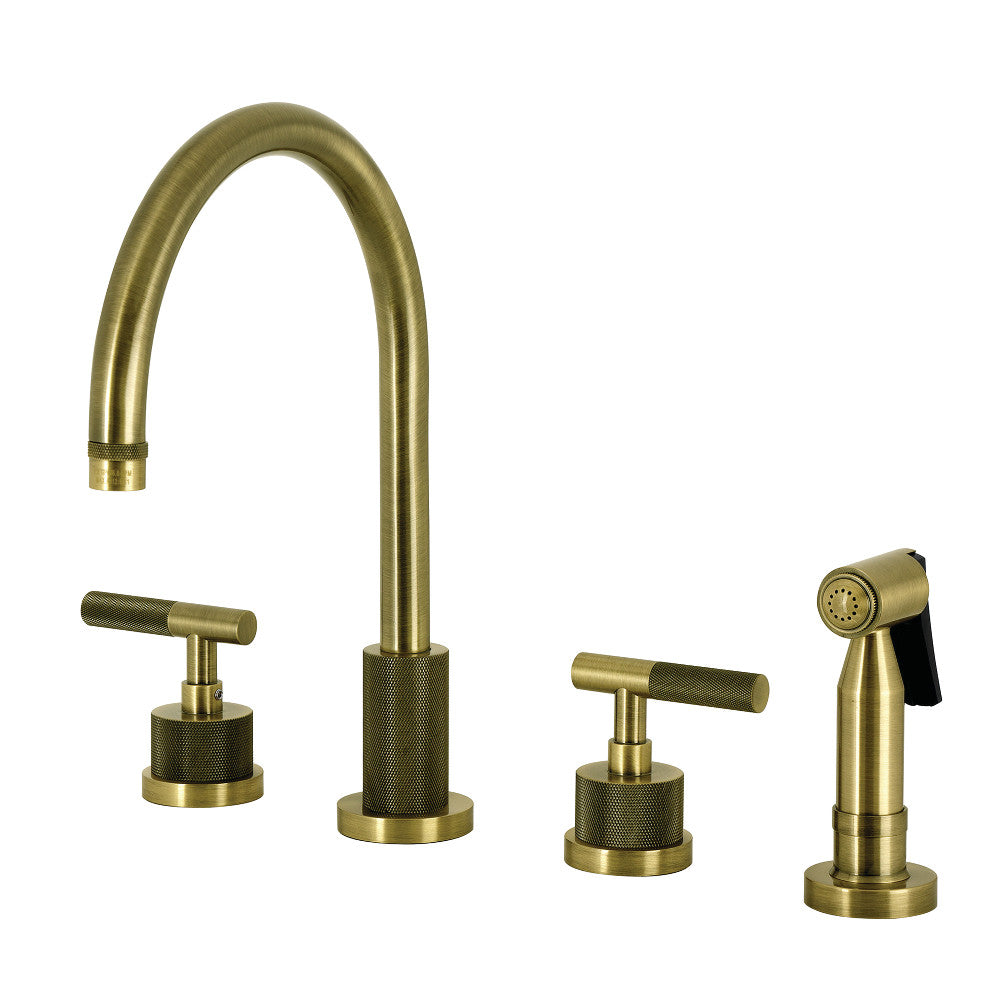 Kingston Brass KS8723KNLBS Convergent Double-Handle Widespread Kitchen Faucet with Knurled Handle and Brass Sprayer, Antique Brass