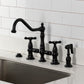 Kingston KS3277BEXBS Essex Bridge Kitchen Faucet with Brass Sprayer, Brushed Brass in a modern kitchen setting.