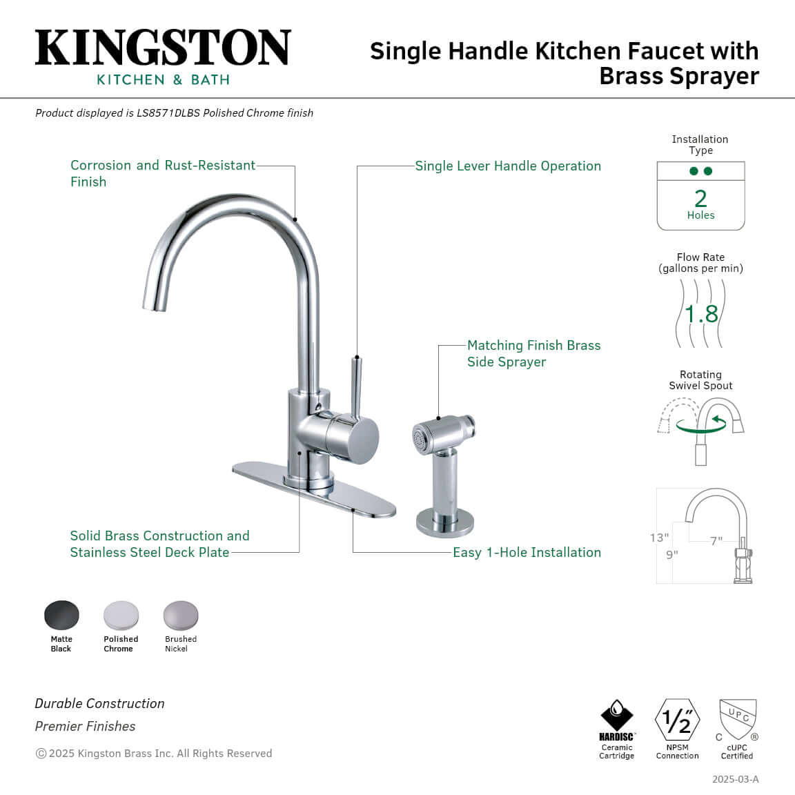 Kingston Brass LS8578DLBS Concord Single-Handle Kitchen Faucet with Brass Side Sprayer, Brushed Nickel