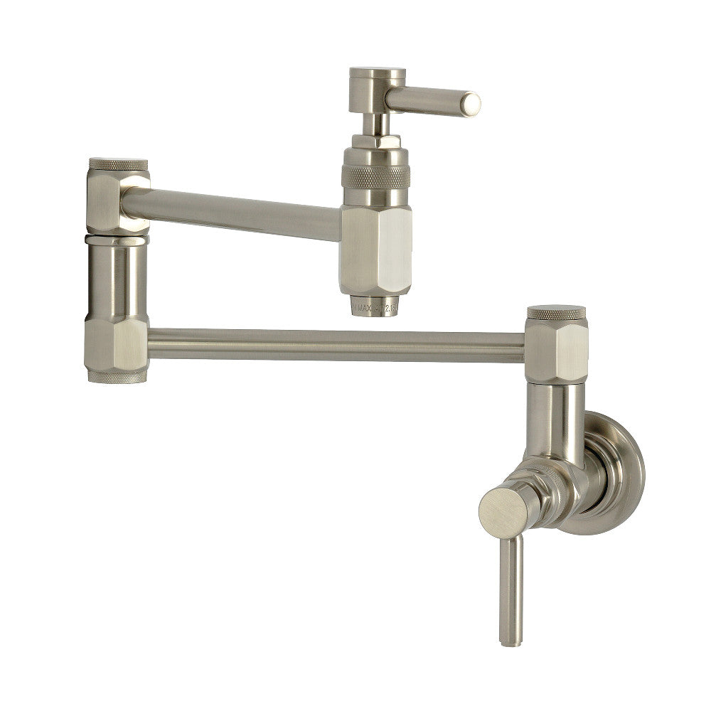 Kingston Brass KS5103DL Concord Wall Mount Pot Filler Faucet, Antique Brass, with stylish lever handles in brushed nickel finish.